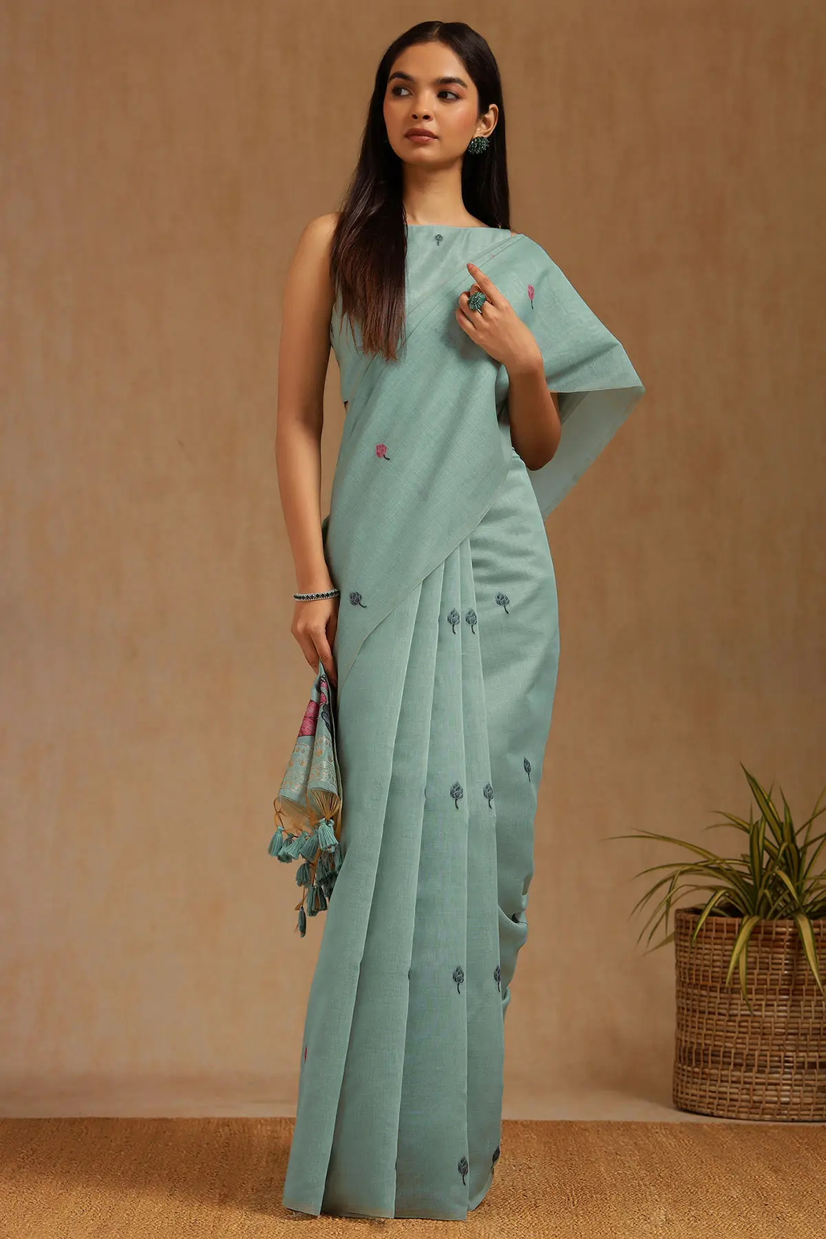 Powder Blue Chanderi Floral Print Saree With Zari Woven
